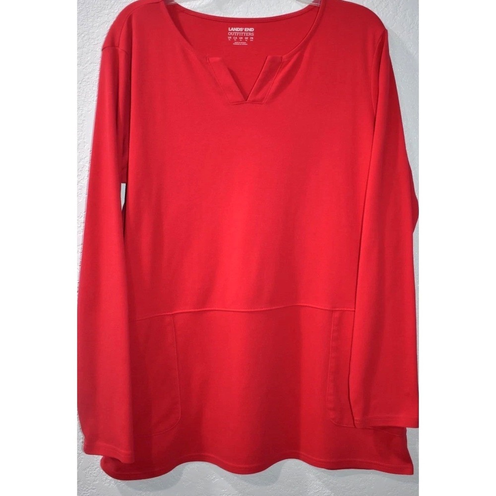 LandsEnd XL Long Slv Tunic Pockets RED Coastal‎ Nautical Beachy V-neck Pullover